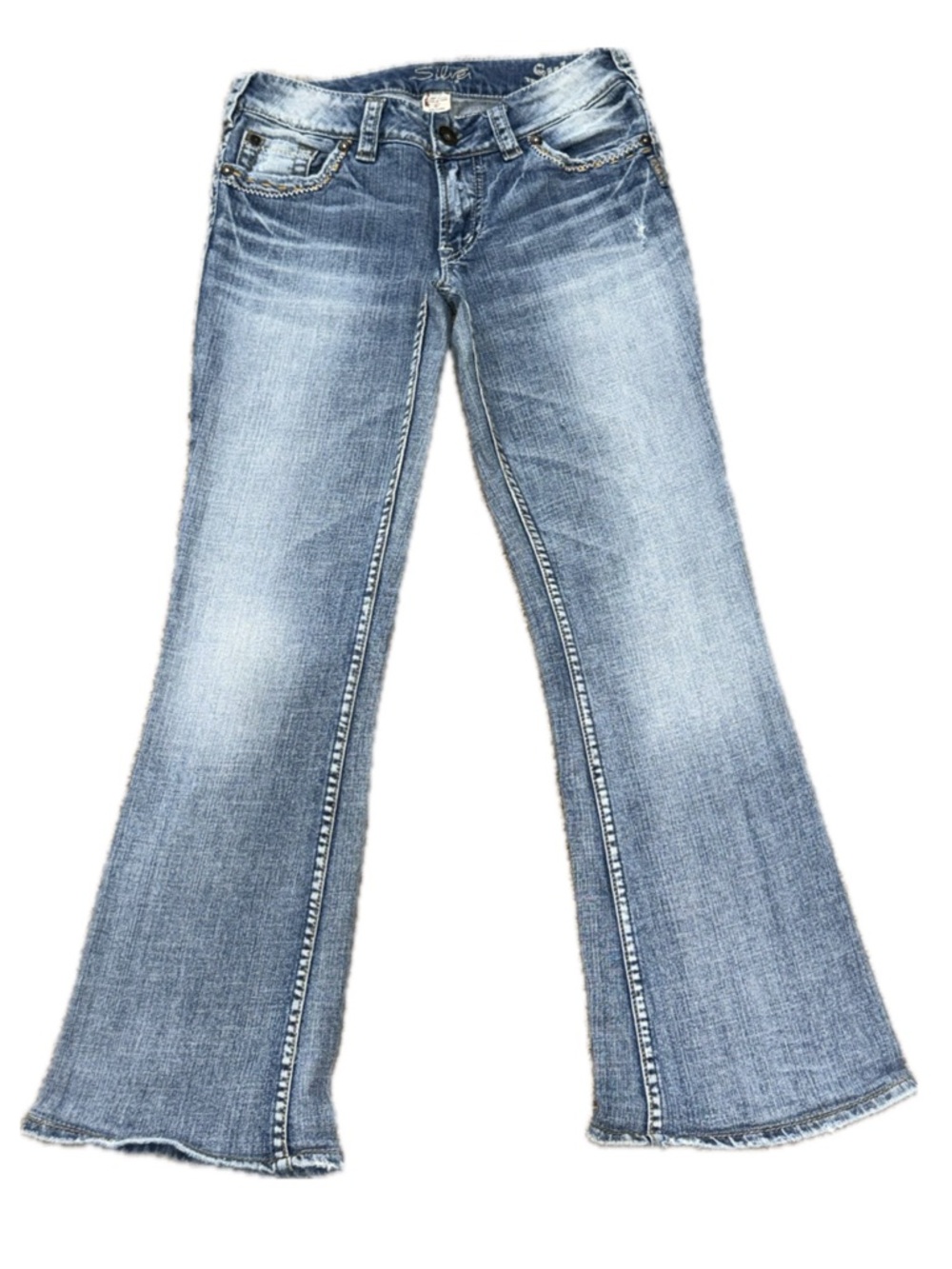 👖👟 SILVER Suki‎ Low Rise Bootcut Light Wash Embroidered Flare Jeans | Sz 27